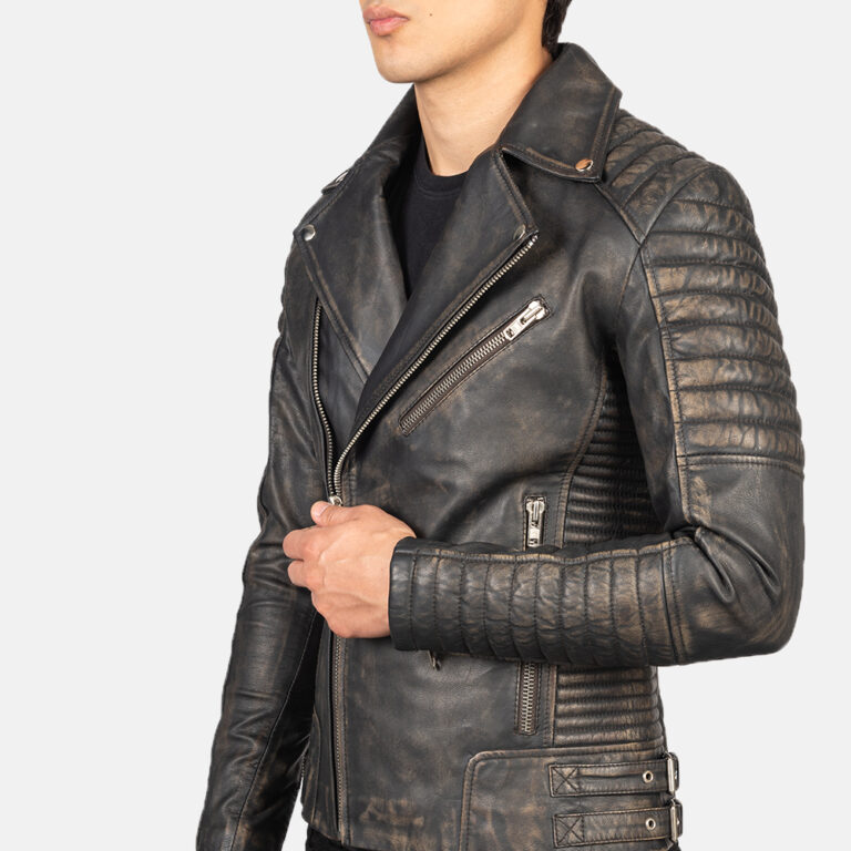 Mens Armand Distressed Brown Leather Biker Jacket Close-Up-9-1634130673159